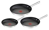 Tefal Duetto - Juego de 3 Sartenes de 20/24/28 cm de acero inoxidable, sartenes antiadherentes, base gruesa, reforzada a prueba de impactos, fácil limpieza, todo tipo de fuegos, Color Hierro