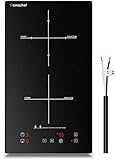 Domino placa inducción, Amzchef doble placa de inducción con superficie de cristal negro,control táctil del sensor y bloqueo para niños,10 niveles de potencia y configuración del temporizador 3300W