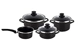 Magefesa Kenia. Batería de Cocina 7 piezas. Material acero vitrificado exterior negro. Antiadherente bicapa Reforzado. Apta para todo tipo de cocinas, especial inducción. 50% de ahorro energético.