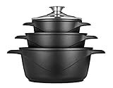 Smile MGK18 Batería de Cocina Inducción 6 piezas Aluminio Fundido, 3 ollas, Tapas de Vidrio Templado, Revestimiento Antiadherente, Apta Para Todo Tipo de Cocinas, Libre PFOA