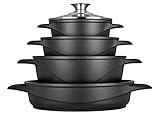 SMILE MGK17 - Batería de Cocina Inducción 8 piezas, Aluminio Fundido, 4 ollas, Tapas de Vidrio Templado, Revestimiento Antiadherente, Apta Para Todo tipo de Cocinas, Libre PFOA
