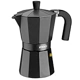 Monix Vitro Noir – Cafetera Italiana de aluminio, capacidad 6 tazas, apta para todo tipo de cocinas salvo inducción, Color Negro, 18 x 15 x 12.5 cm