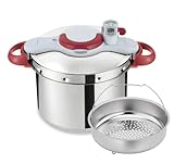 Tefal Clipso Minut Perfect - Olla a Presión de 7.5 L de Acero Inoxidable, Color Gris/Rojo, con 5 sistemas de seguridad y cierre fácil con una sola mano con cestillo Vapor Integrado, diámetro de 24 cm