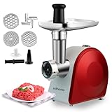Edihome, Picadora de Carne Eléctrica, Marcha avance y Retroceso, Máquina para picar Carne Profesional, 2200W, Multifuncional con 3 placas de Corte y Embutidor de Salchichas (Blanco y Rojo)