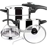MAGEFESA ATHENAS COMPLET Olla a presión Super rápida de fácil Uso, Acero Inoxidable, Apta para cocinas inducción. Fondo Termo difusor, Pack Exclusivo Olla + CESTILLO + Tapa DE Cristal (4L + 6L)